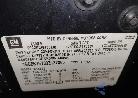 2003 Chevrolet Silverado 1500 Lt from USA, damaged, VIN 1GCEK19T03Z127365